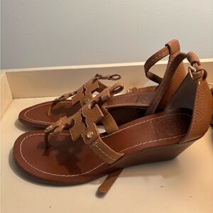 Tory Burch Brown Leather Wedge Sandals